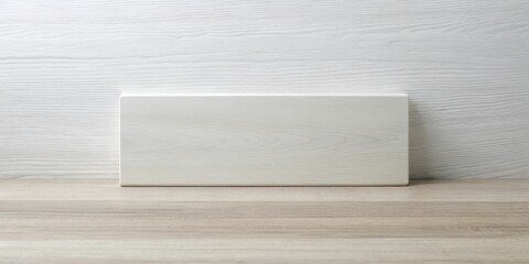 Poster - Blank white wood block on light wood surface against a textured white wood backdrop
