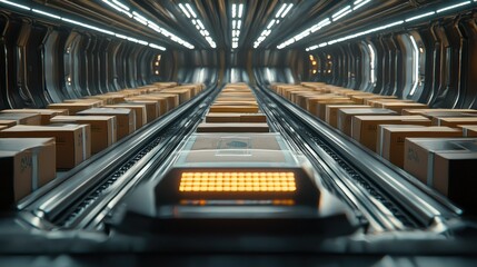 Poster - A high-tech warehouse featuring an industrial conveyor belt and orderly shelves filled with brown shipping boxes.