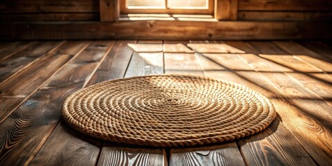 Leinwandbilder - Rustic Rope Mat on Sunlit Wooden Floor, Ideal for Product Display or Background
