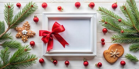 Aufkleber - Blank white frame adorned with festive Christmas cookies, evergreen boughs, and red ornaments on a white wooden background
