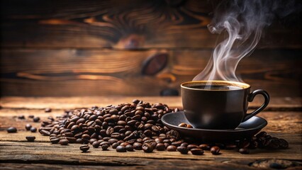 Aufkleber - Aromatic steam rises from a dark cup of freshly brewed coffee, nestled amongst a generous pile of roasted coffee beans on a rustic wooden surface.