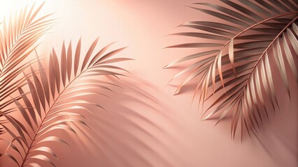 Poster - Rose Gold Palm Fronds Cast Shadows on a Peach Background, Ideal for Elegant Designs and Tropical Themed Projects