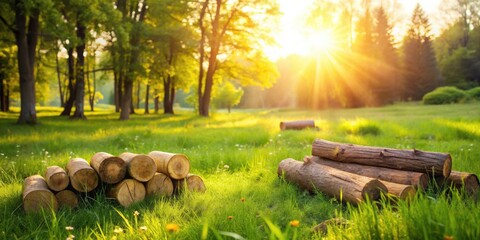 Poster - Golden Hour in a Lush Meadow with Logs