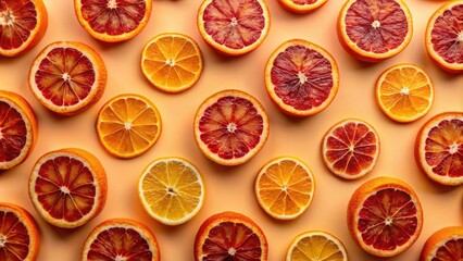 Poster - Vibrant citrus fruit slices arranged in a visually appealing pattern on a pale orange background