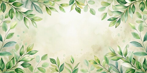 Poster - Serene watercolor botanical frame with delicate green leaves and a soft, textured background, ideal for invitations or announcements.