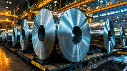 Poster - A modern factory scene with massive aluminum coils reflecting overhead lights, showcasing precision manufacturing.