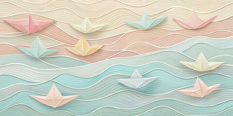 Aufkleber - Pastel Paper Boats Sailing on Abstract Wavy Ocean