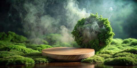 Poster - Mystical Forest Scene with Wooden Display Platform and Lush Moss