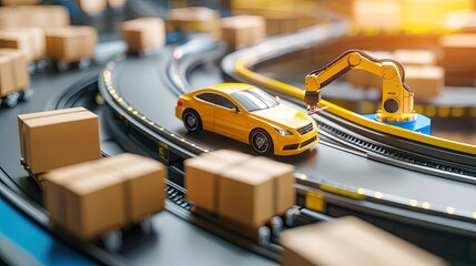 Poster - A modern supply chain facility with an active conveyor belt, robotic arms, and storage racks filled with parcels.
