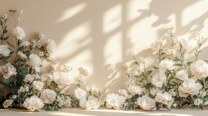 Poster - A beautiful arrangement of white flowers gently cascades along a beige wall, creating a calm atmosphere as sunlight streams through, casting delicate shadows. This tranquil display invites peace