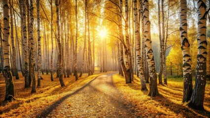 Poster - Golden Sunlight Illuminates a Pathway Through a Birch Tree Grove in Autumn