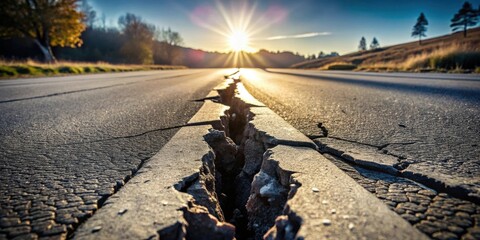 Aufkleber - A severely fractured asphalt road at sunset, revealing deep cracks and fissures in the pavement