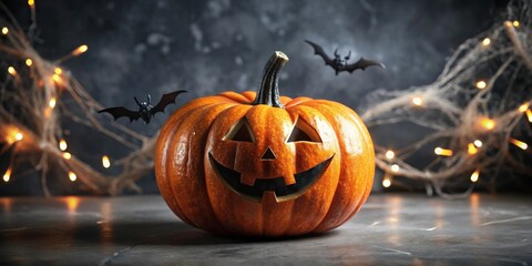 Poster - Smiling Jack-o'-lantern with spooky bats and glowing lights on a dark background for autumn holidays