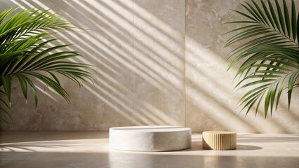 Poster - Serene Minimalist Display Featuring Two Cylindrical Platforms with Tropical Foliage and Sunlit Wall