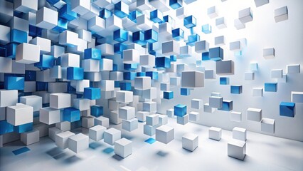 Leinwandbilder - Abstract 3D rendering of dynamic white and blue cubes in motion, creating a sense of depth and energy