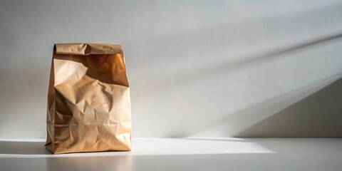 Poster - A Simple Brown Paper Bag Sits on a White Surface in Soft Sunlight