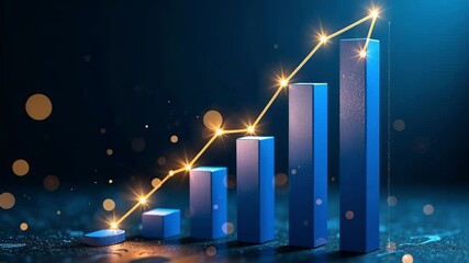 Poster - Blue Bar Graph with Rising Trend and Bright Highlights Over Dark Background for Business and Finance Contexts