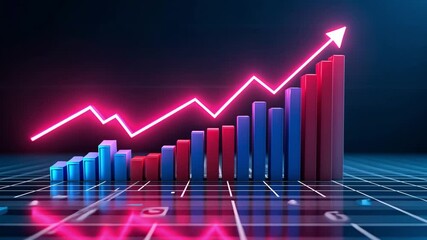 Poster - Colorful 3D Bar Chart with Rising Arrow on Dark Background Illustrating Growth and Business Success