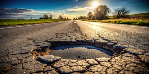 Poster - A sunlit country road with a large pothole in the foreground, showing extensive cracking in the asphalt