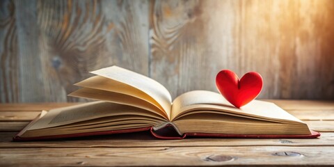 Poster - A red heart rests gently atop an open book, symbolizing the love of reading and literature on a rustic wooden surface.