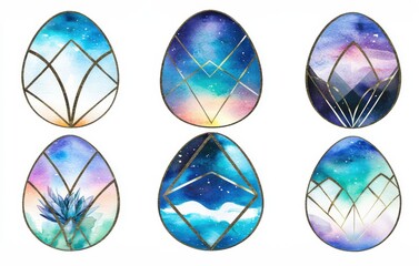 Poster - A colorful collection of artistic, geometric egg designs with watercolor effects, showcasing vibrant blues, purples, and intricate golden outlines.