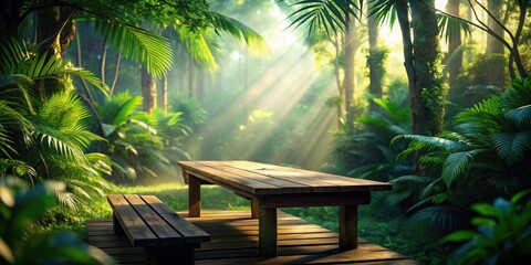 Aufkleber - Serene Wooden Table and Bench in Lush Tropical Forest Setting at Sunrise
