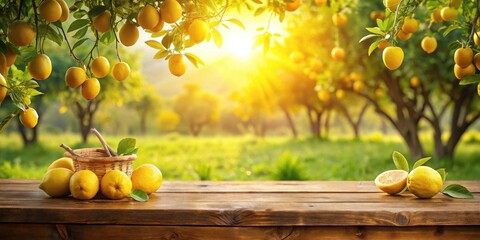 Poster - Golden Hour Lemons on Rustic Wooden Table in Orchard