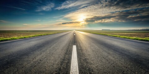 Aufkleber - Asphalt road stretching towards a radiant sunset over a vast, tranquil landscape
