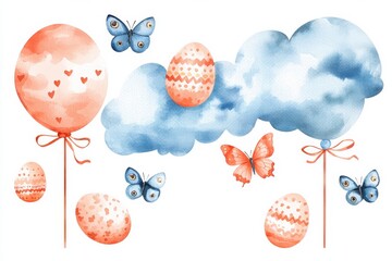 Poster - A whimsical watercolor illustration featuring pastel balloons, decorated eggs, butterflies, and fluffy clouds, evoking a cheerful spring atmosphere.