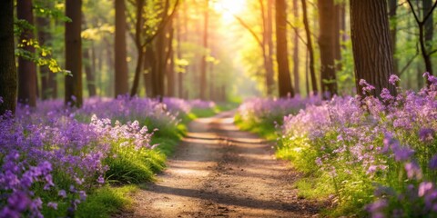 Poster - Sunlit Path Through a Purple Flower Meadow in a Forest
