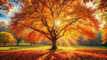 Poster - Autumnal splendor a majestic tree bathed in golden sunlight, surrounded by a carpet of fallen leaves in a picturesque park