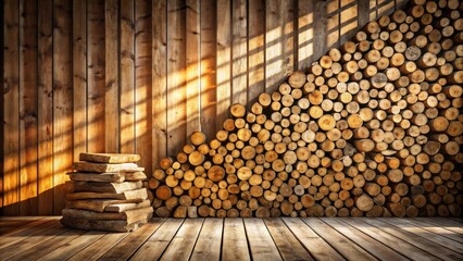 Poster - Rustic wooden interior scene with stacked firewood and warm sunlight illuminating the room