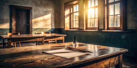 Poster - Sunlight streams into an old classroom, illuminating a wooden desk with a pen and paper, ready for writing or drawing.