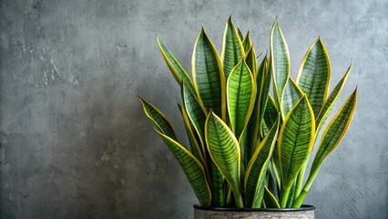 Poster - Vibrant Green and Yellow Snake Plant in a Modern Gray Pot Against a Textured Background