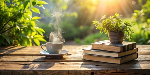 Poster - Serene morning scene steaming coffee cup, plant, and stack of books on rustic wooden table outdoors in sunlight