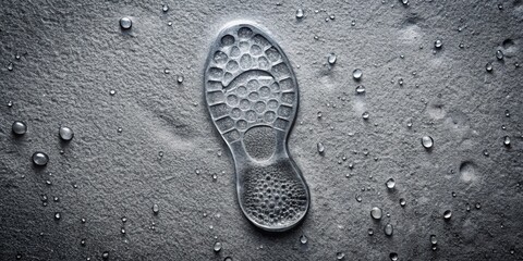 Poster - Metallic Shoe Sole Impression on a Textured Surface with Water Droplets