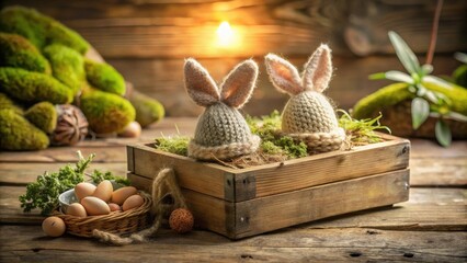Poster - Rustic Easter Still Life Featuring Knitted Bunny Egg Cosys in a Wooden Box with Moss and Eggs