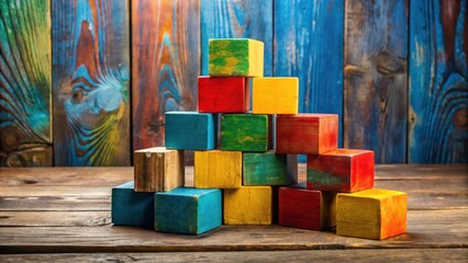 Aufkleber - A colorful pyramid of rustic wooden blocks arranged on a weathered wooden surface against a vibrant painted backdrop