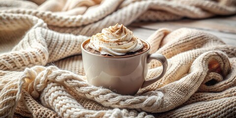 Poster - Cozy Autumn Beverage with Whipped Cream in Knitted Blanket