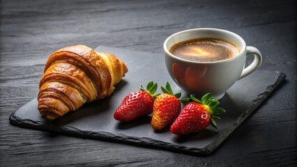 Poster - A delightful breakfast of a golden croissant, espresso, and fresh strawberries on a dark slate