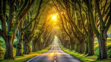 Poster - Sunlit Roadway Through a Canopy of Lush, Moss-Draped Trees