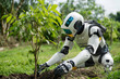 © plysuikvv - Humanoid robot planting a tree in a green landscape Generative AI