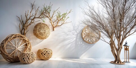 Aufkleber - Serene Minimalist Interior Design with Woven Sphere Decor and Branch Arrangements