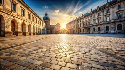 Poster - Golden Hour Illumination on a Cobblestone Square with Historical Buildings