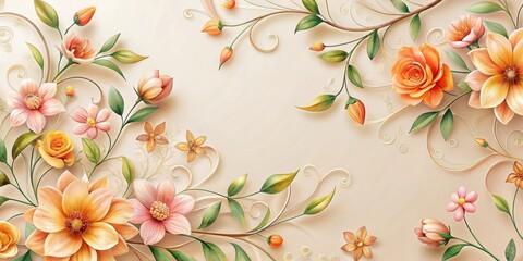 Poster - Elegant floral arrangement with pastel and orange blossoms, intricate swirling vines, and a delicate cream background