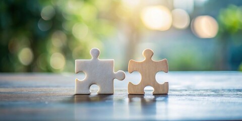 Aufkleber - Two wooden puzzle pieces interlock on a table, representing partnership and collaboration against a soft-focus natural background.