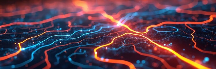 Poster - Dynamic abstract illustration with colorful lines crisscrossing stylized map. Representing pathways, connections, navigation, logistics, transport. Modern tech design, data flow visualization for