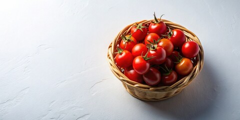 Poster - A wicker basket overflowing with ripe, red cherry tomatoes sits on a textured white surface.