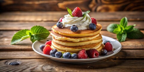 Poster - A Delicious Stack of Fluffy Pancakes Topped with Whipped Cream and Fresh Berries on Rustic Wooden Table