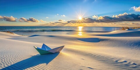 Aufkleber - Serene sunset beach scene with a paper boat resting on the sand
